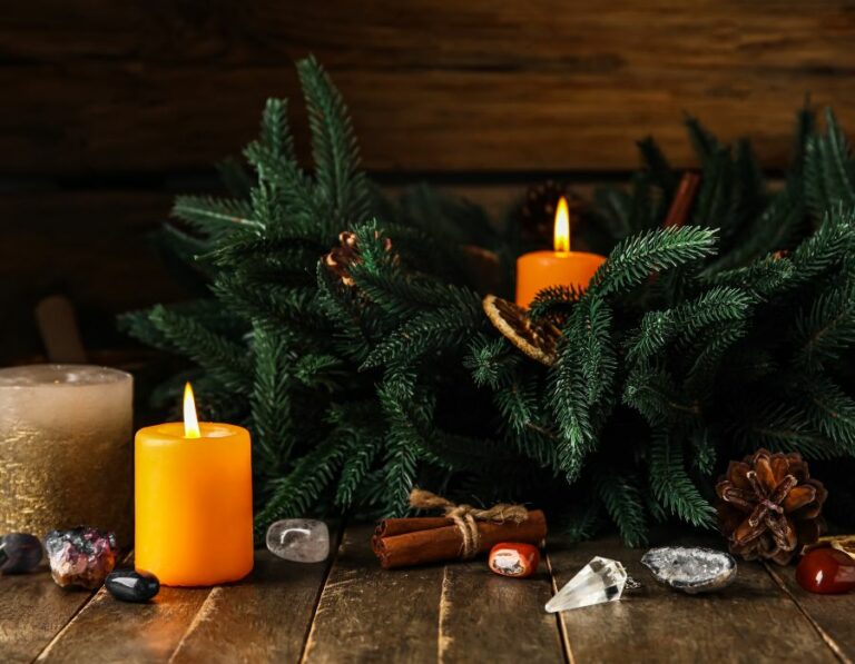 Yule/Winter Solstice Decorations: candles, crystals, pine wreath