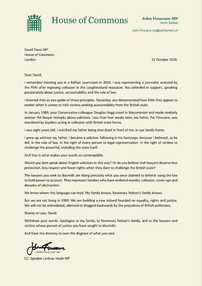 John Finucane sends open letter to Conservative Party MP David Davis after dangerous and disgraceful comments